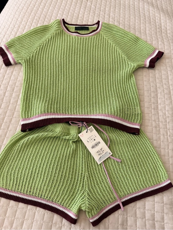 Zara Pants - Zara Lime Green Knit Short Set with Pink and Brown Trim